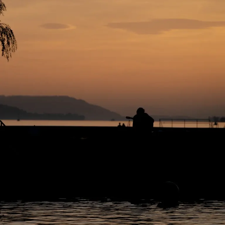 Un musicien dans le port de Bienne à la tombée de la nuit